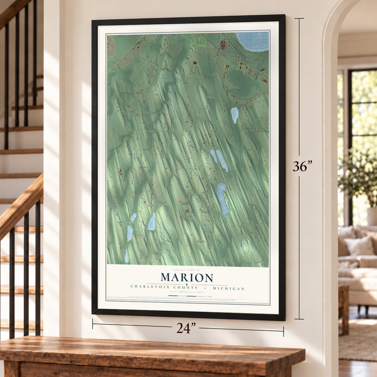 Marion, Charlevoix County, Michigan map, 24 x 36 inch print in a black frame by a staircase