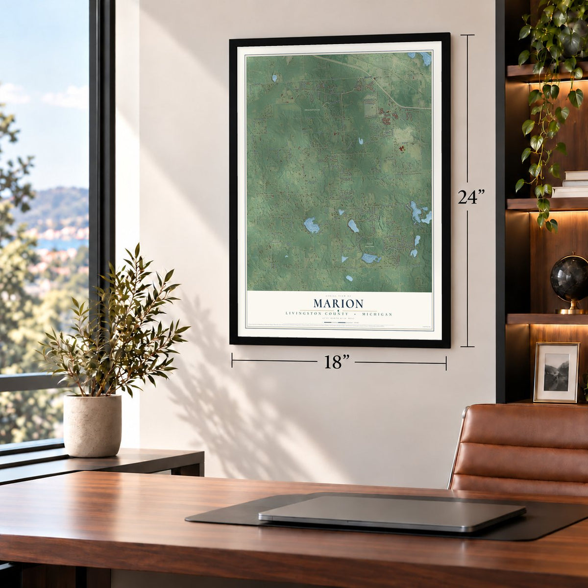 Marion, Livingston County, Michigan map, 18 x 24 inch print in a black frame in a home office
