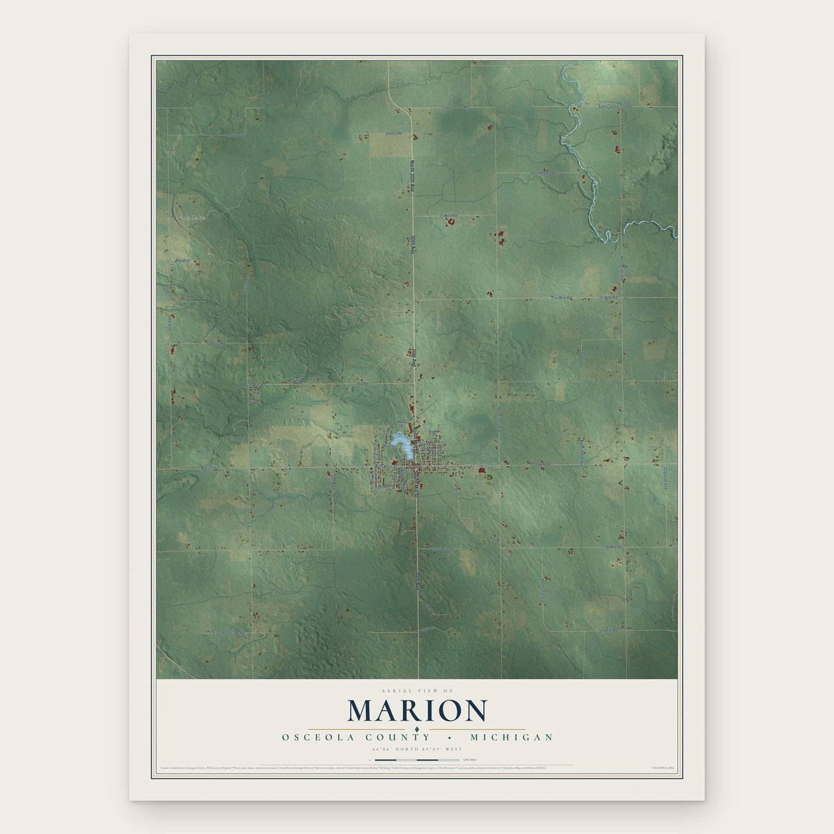 Marion, Osceola County, Michigan map print, the full design