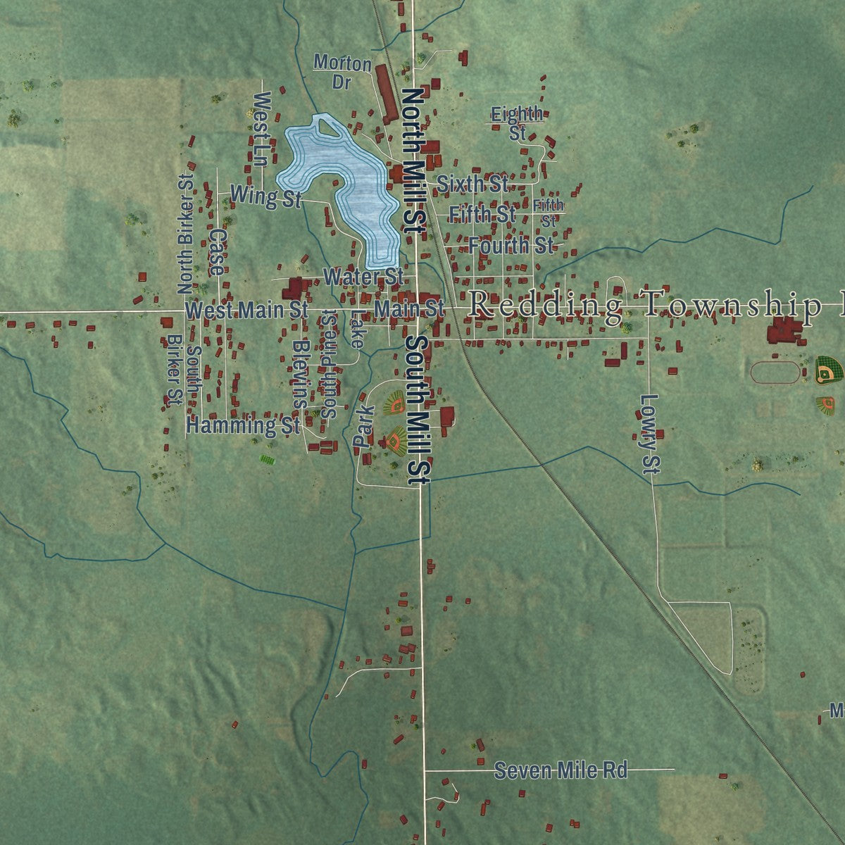 Close-up of the map of Marion, Osceola County, Michigan print showing street and building detail