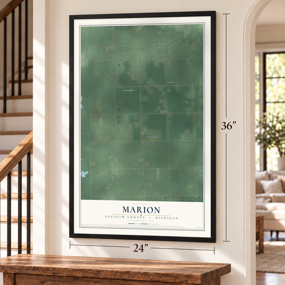 Marion, Saginaw County, Michigan map, 24 x 36 inch print in a black frame by a staircase