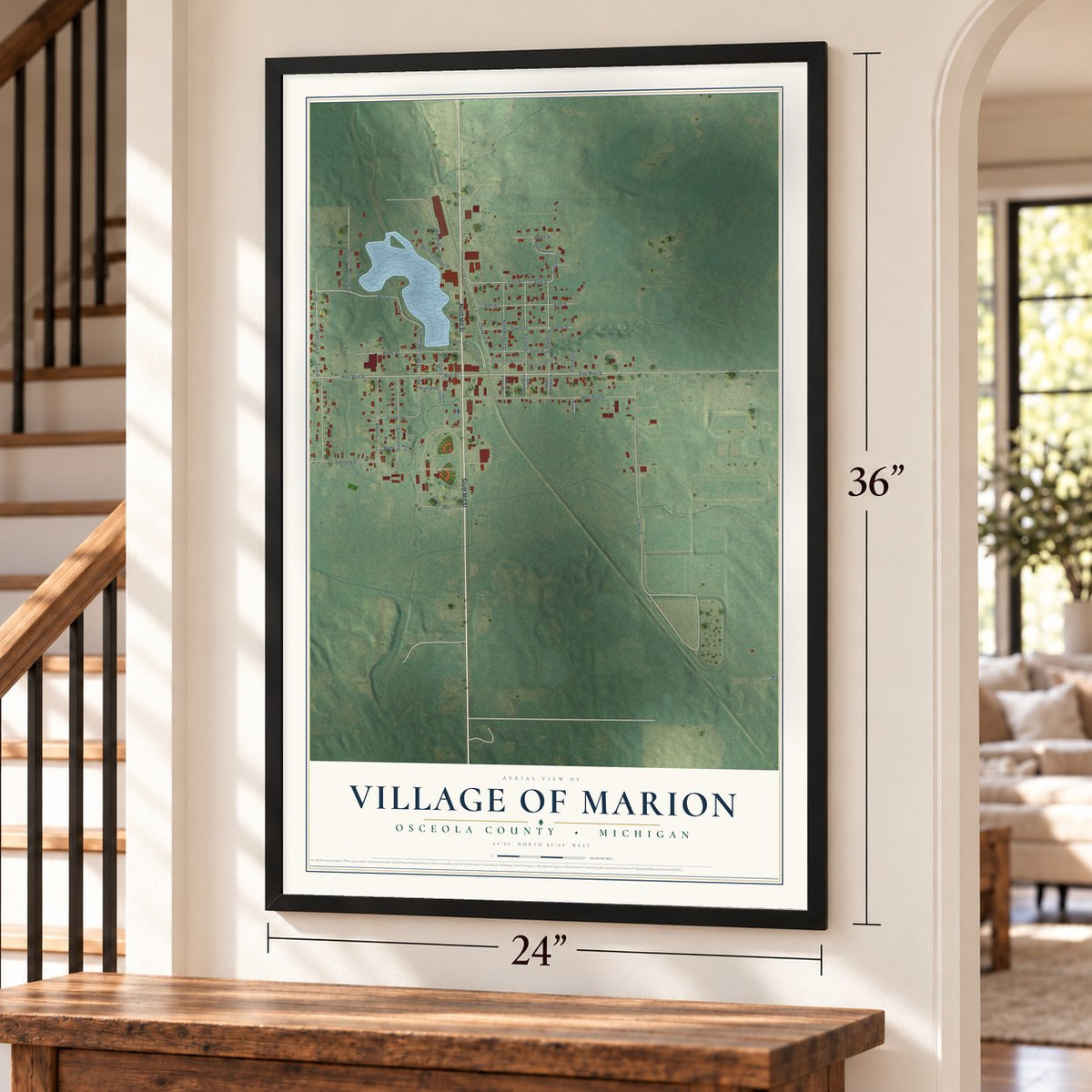 Marion, Michigan map, 24 x 36 inch print in a black frame by a staircase