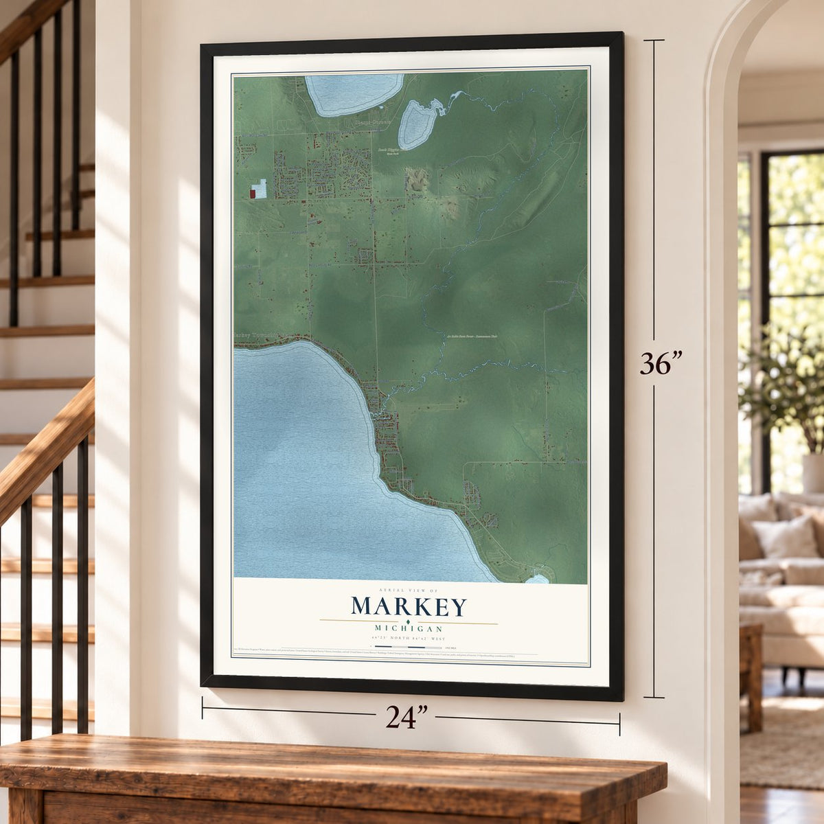 Markey, Michigan map, 24 x 36 inch print in a black frame by a staircase