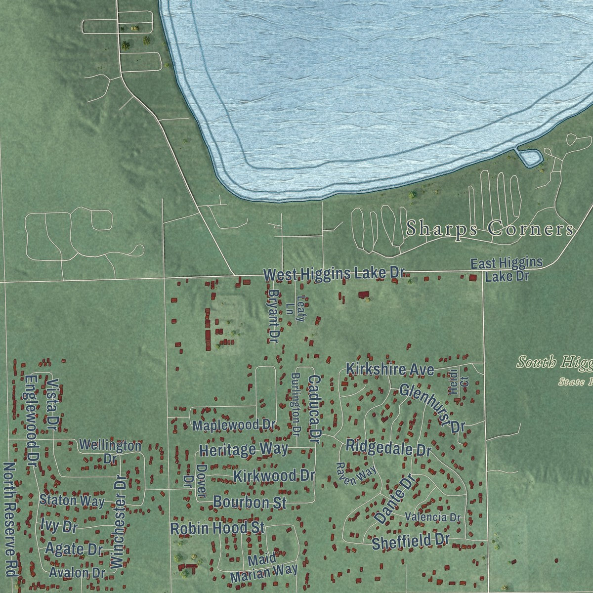 Close-up of the map of Markey, Michigan print showing street and building detail