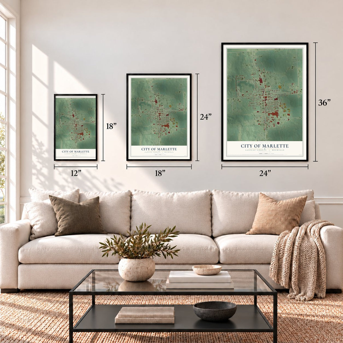 Marlette, Michigan map in 12 x 18, 18 x 24 and 24 x 36 inch sizes above a sofa