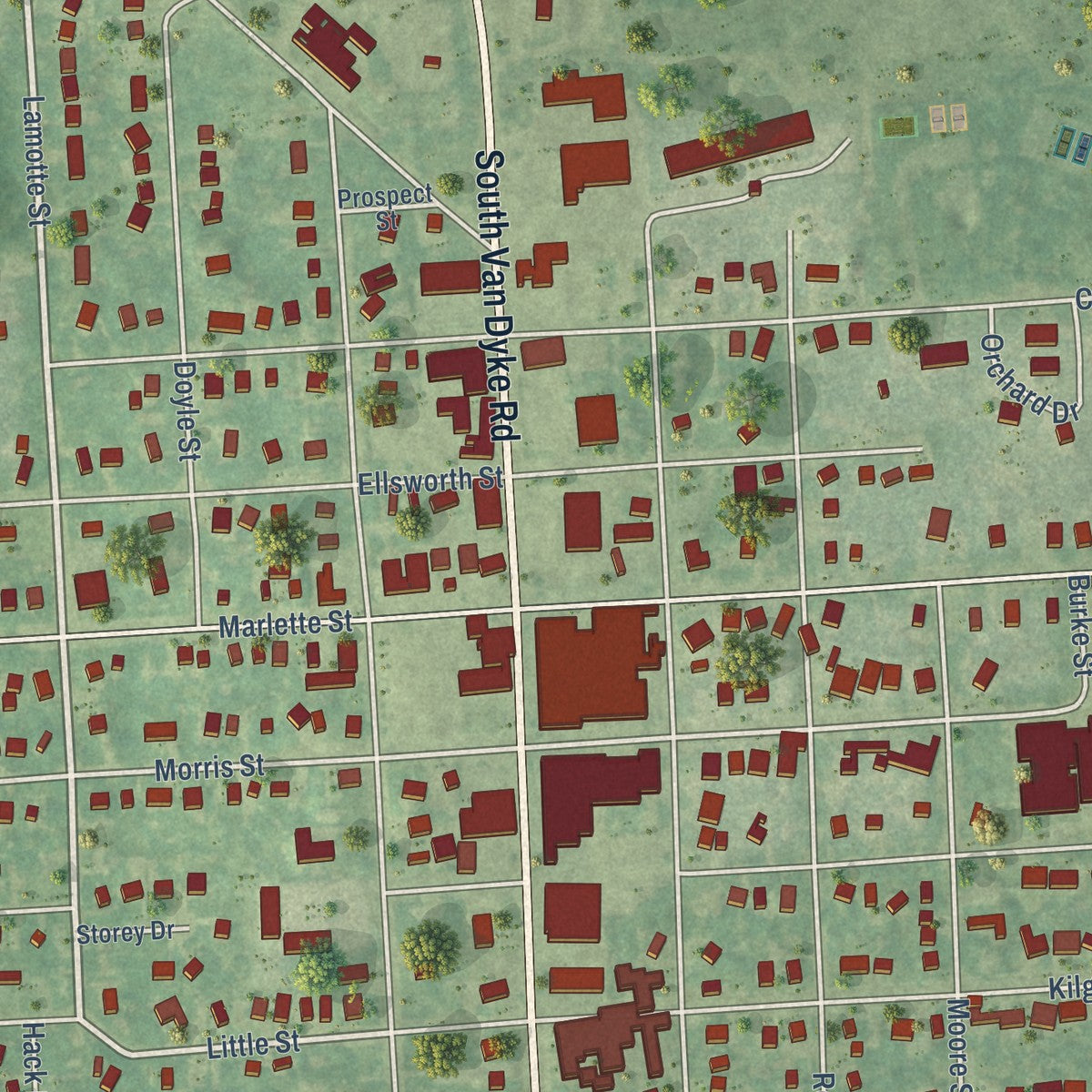 Close-up of the map of Marlette, Michigan print showing street and building detail