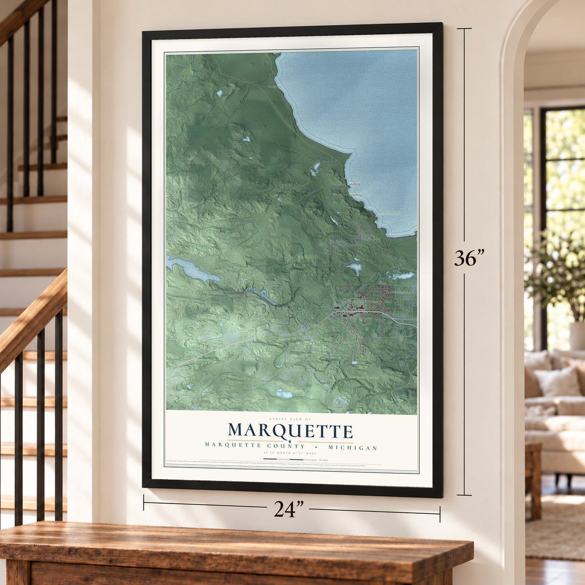 Marquette, Marquette County, Michigan map, 24 x 36 inch print in a black frame by a staircase