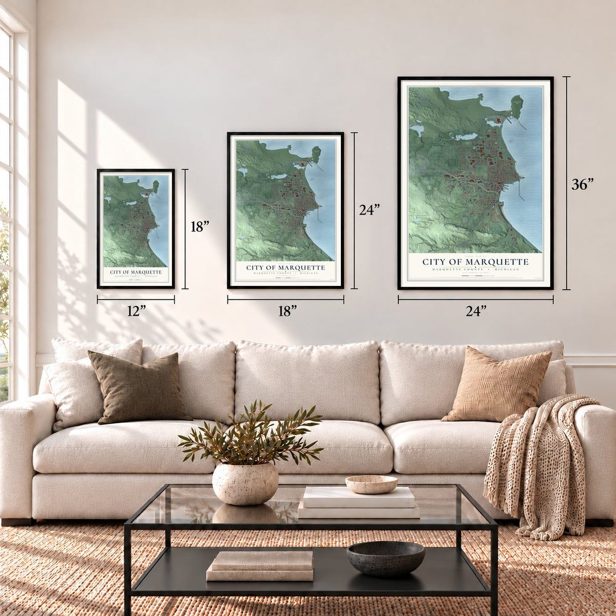 Marquette, Michigan map in 12 x 18, 18 x 24 and 24 x 36 inch sizes above a sofa