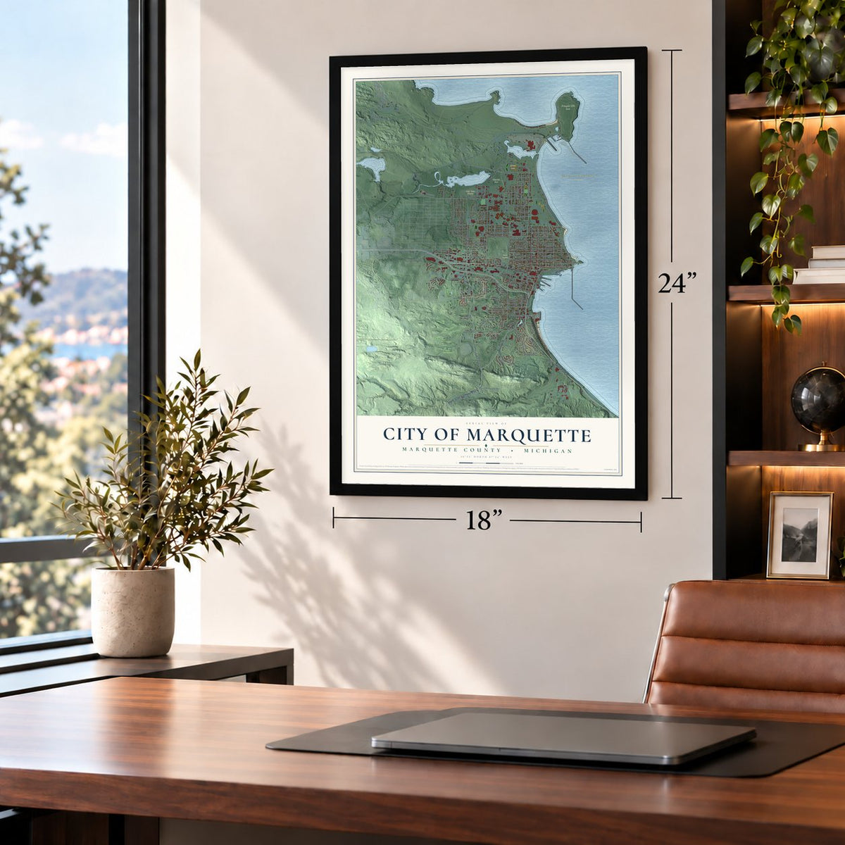 Marquette, Michigan map, 18 x 24 inch print in a black frame in a home office