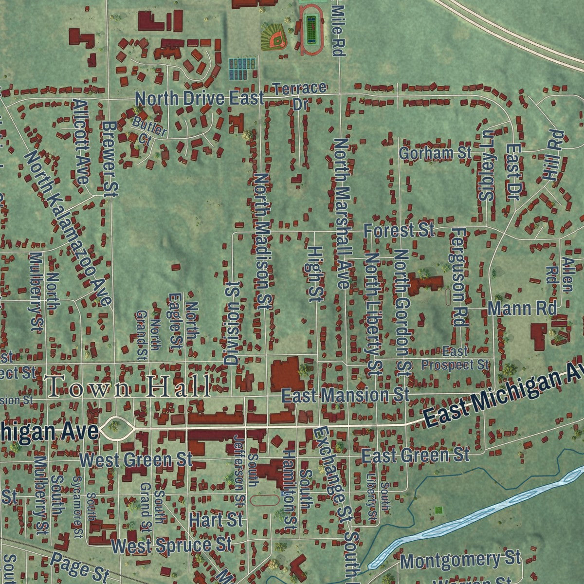 Close-up of the map of Marshall, Michigan print showing street and building detail