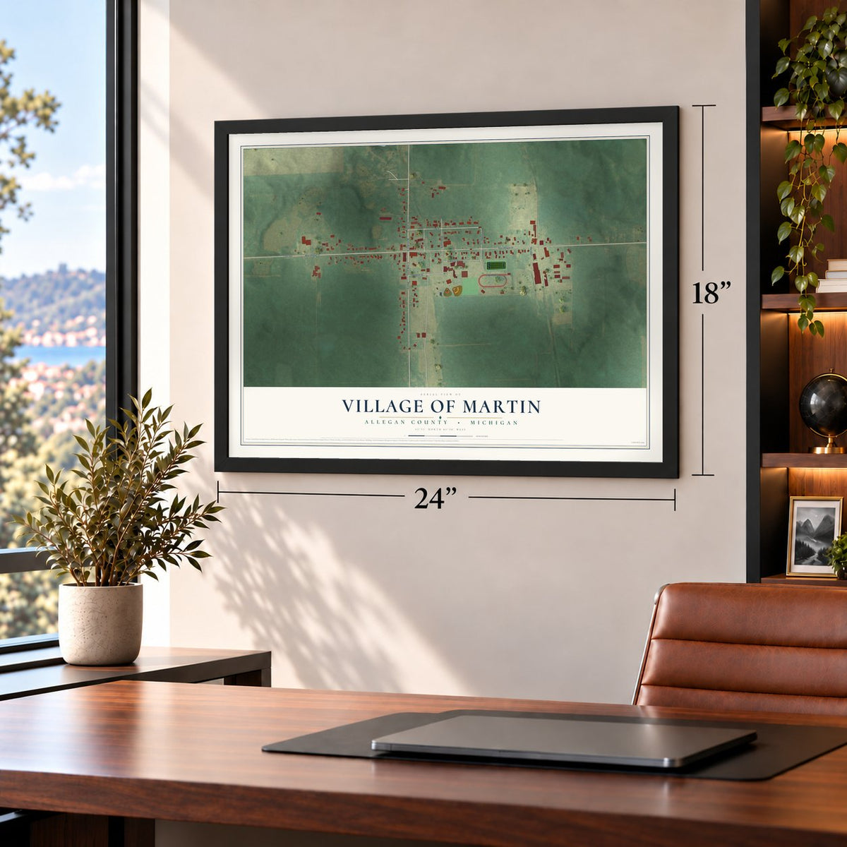 Martin, Michigan map, 18 x 24 inch print in a black frame in a home office