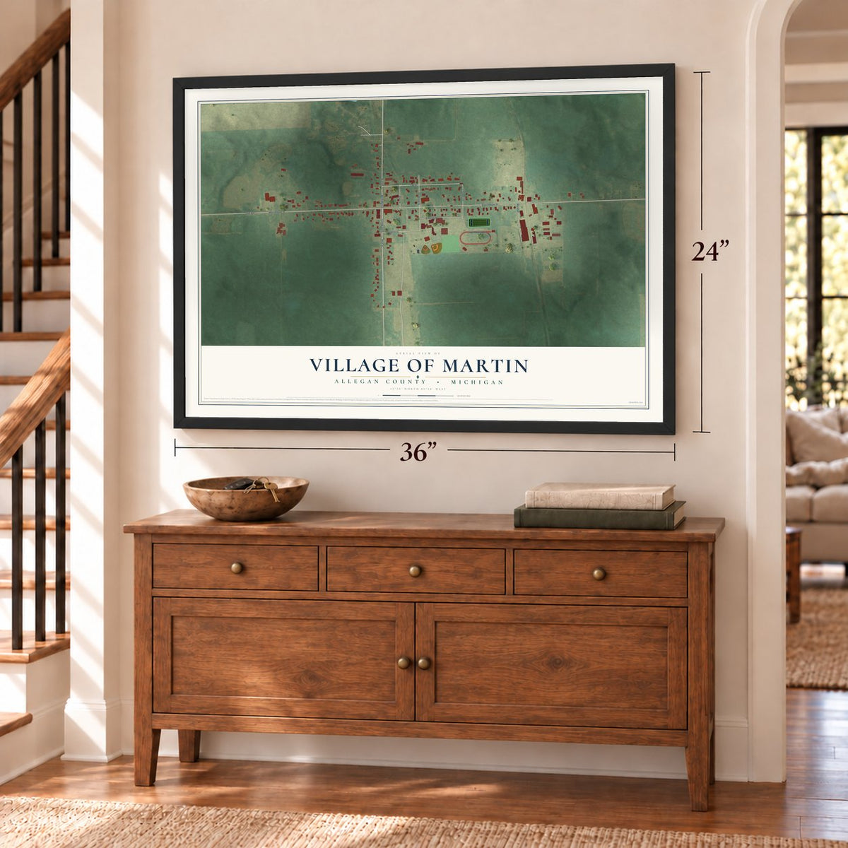 Martin, Michigan map, 24 x 36 inch print in a black frame above a dresser by a staircase