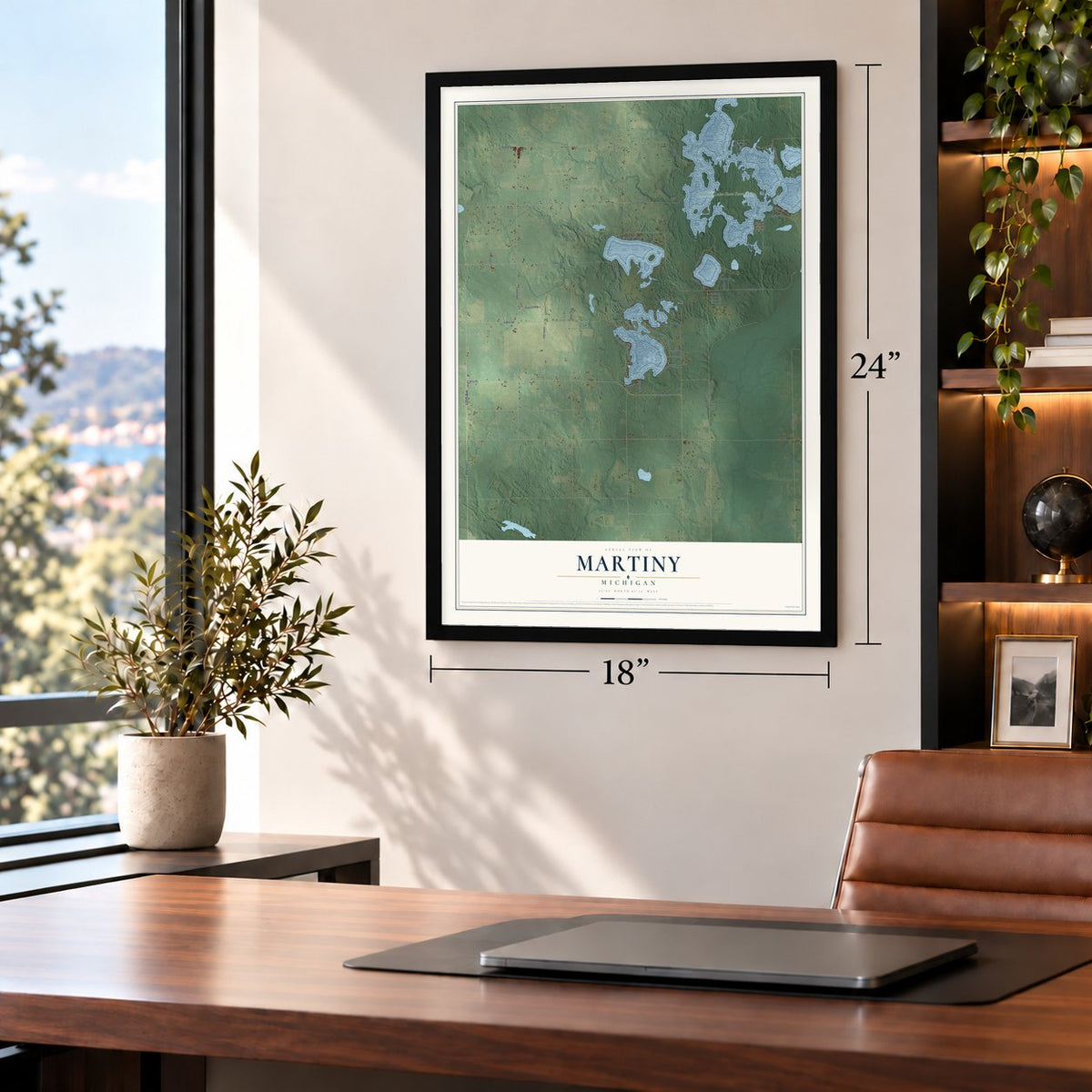 Martiny, Michigan map, 18 x 24 inch print in a black frame in a home office