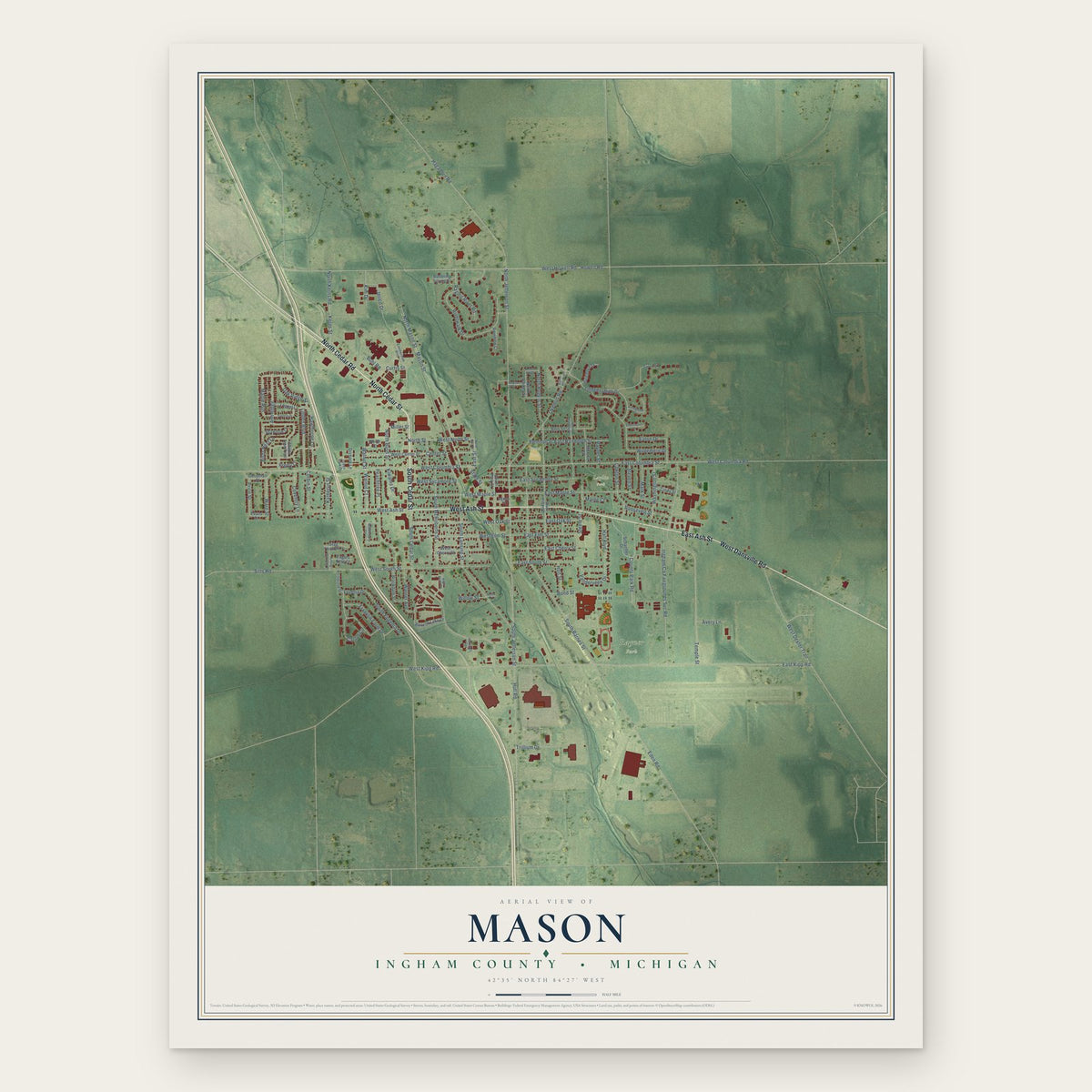Mason, Ingham County, Michigan map print, the full design