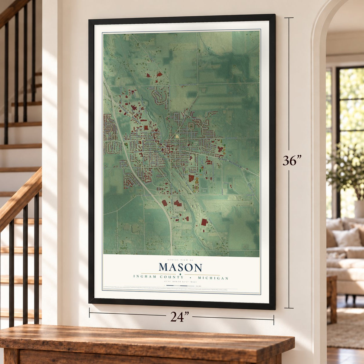 Mason, Ingham County, Michigan map, 24 x 36 inch print in a black frame by a staircase