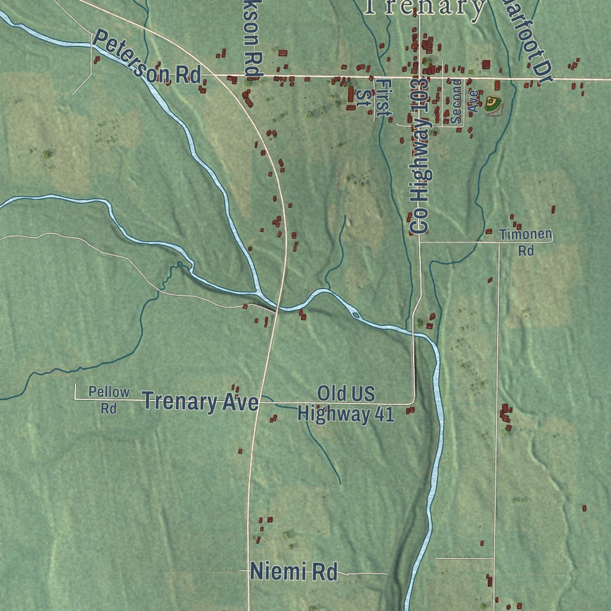 Close-up of the map of Mathias, Michigan print showing street and building detail