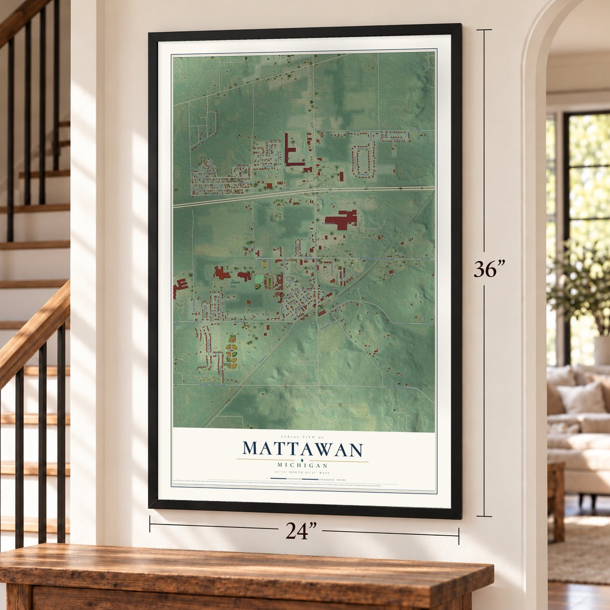 Mattawan, Michigan map, 24 x 36 inch print in a black frame by a staircase