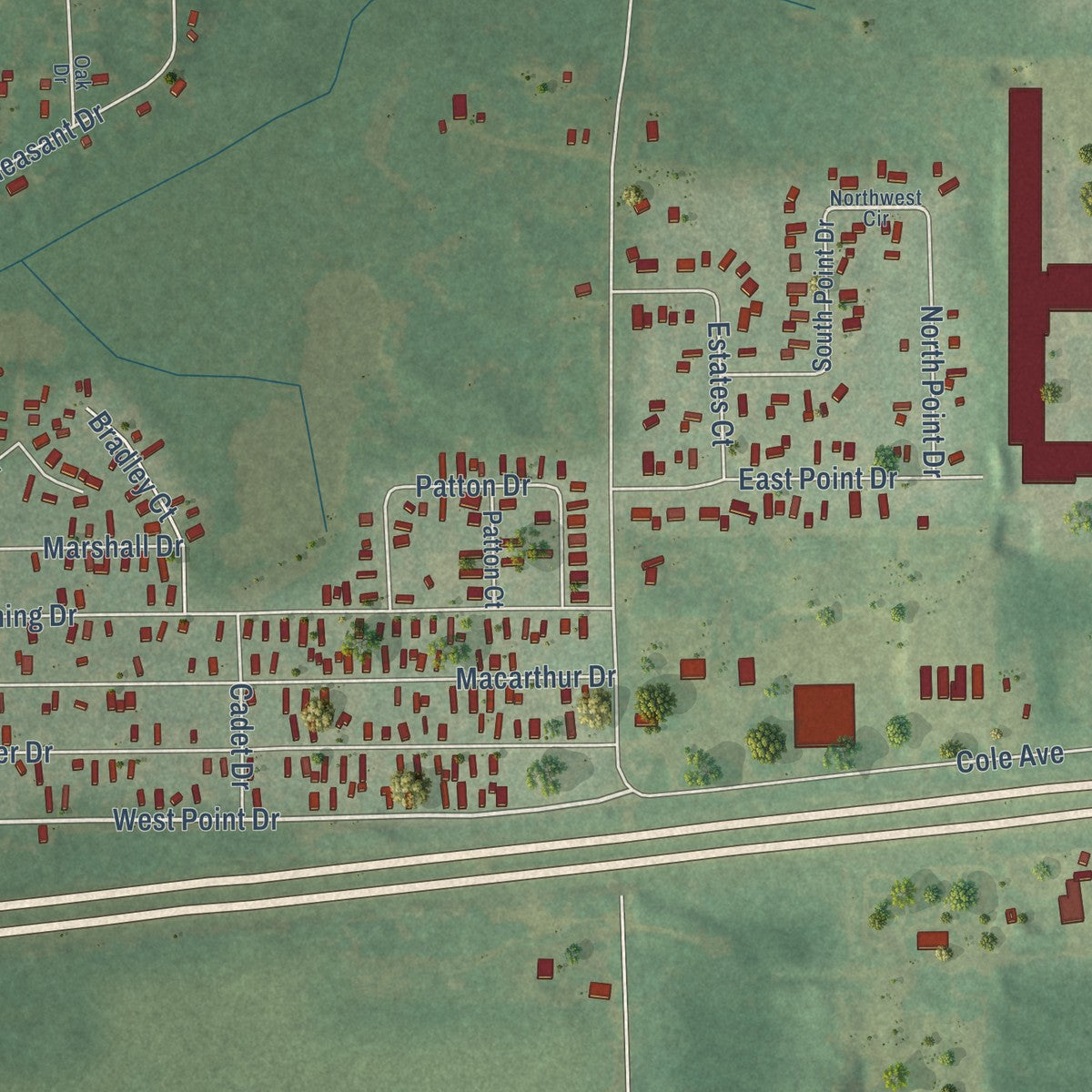 Close-up of the map of Mattawan, Michigan print showing street and building detail