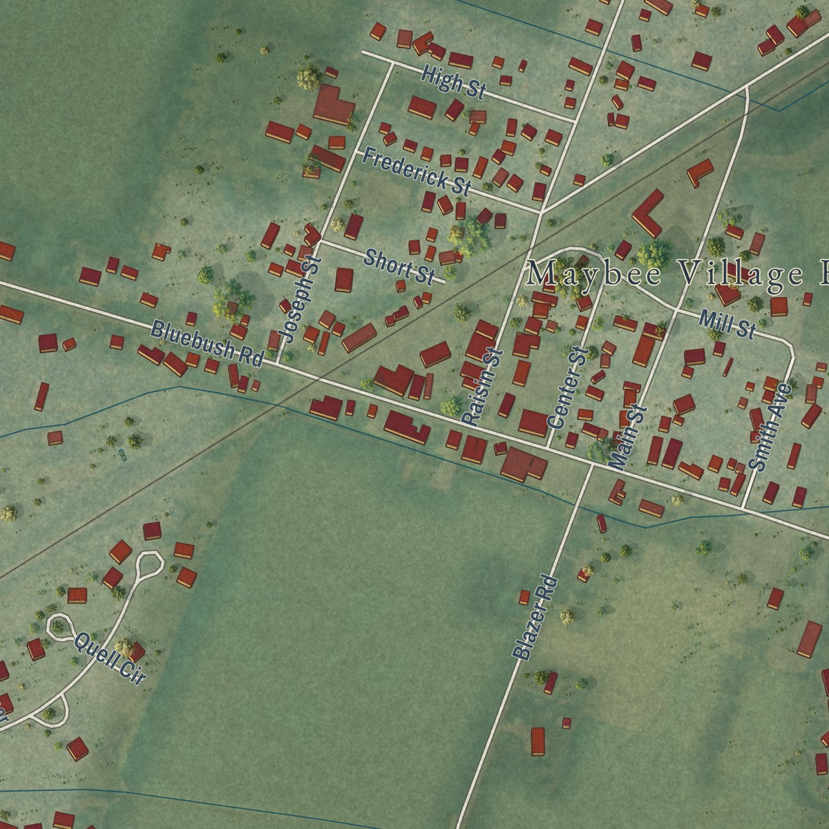 Close-up of the map of Maybee, Michigan print showing street and building detail