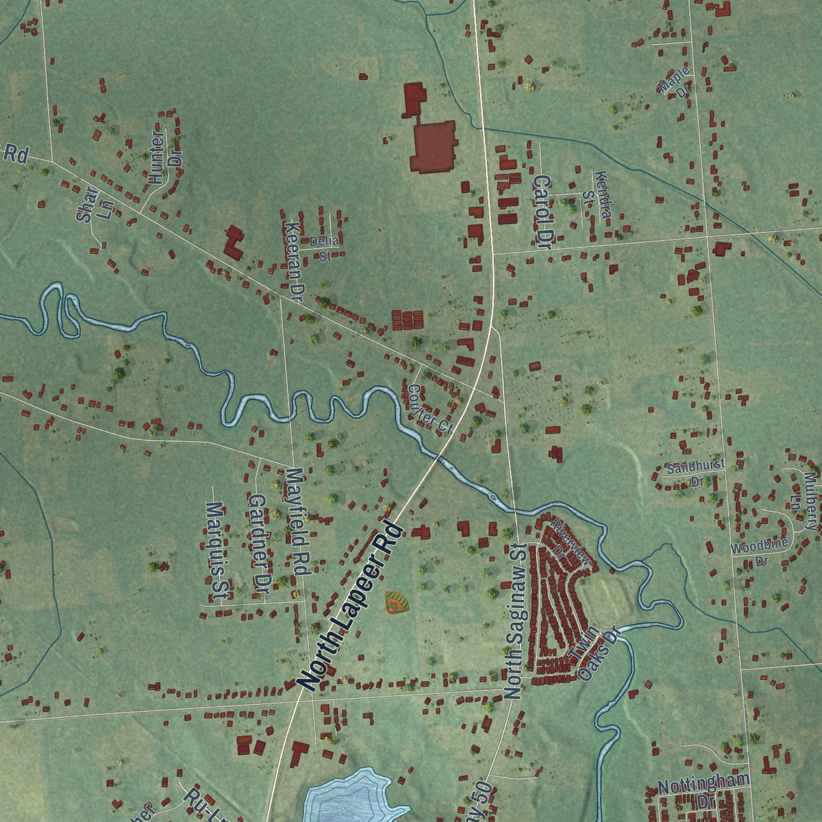 Close-up of the map of Mayfield, Lapeer County, Michigan print showing street and building detail