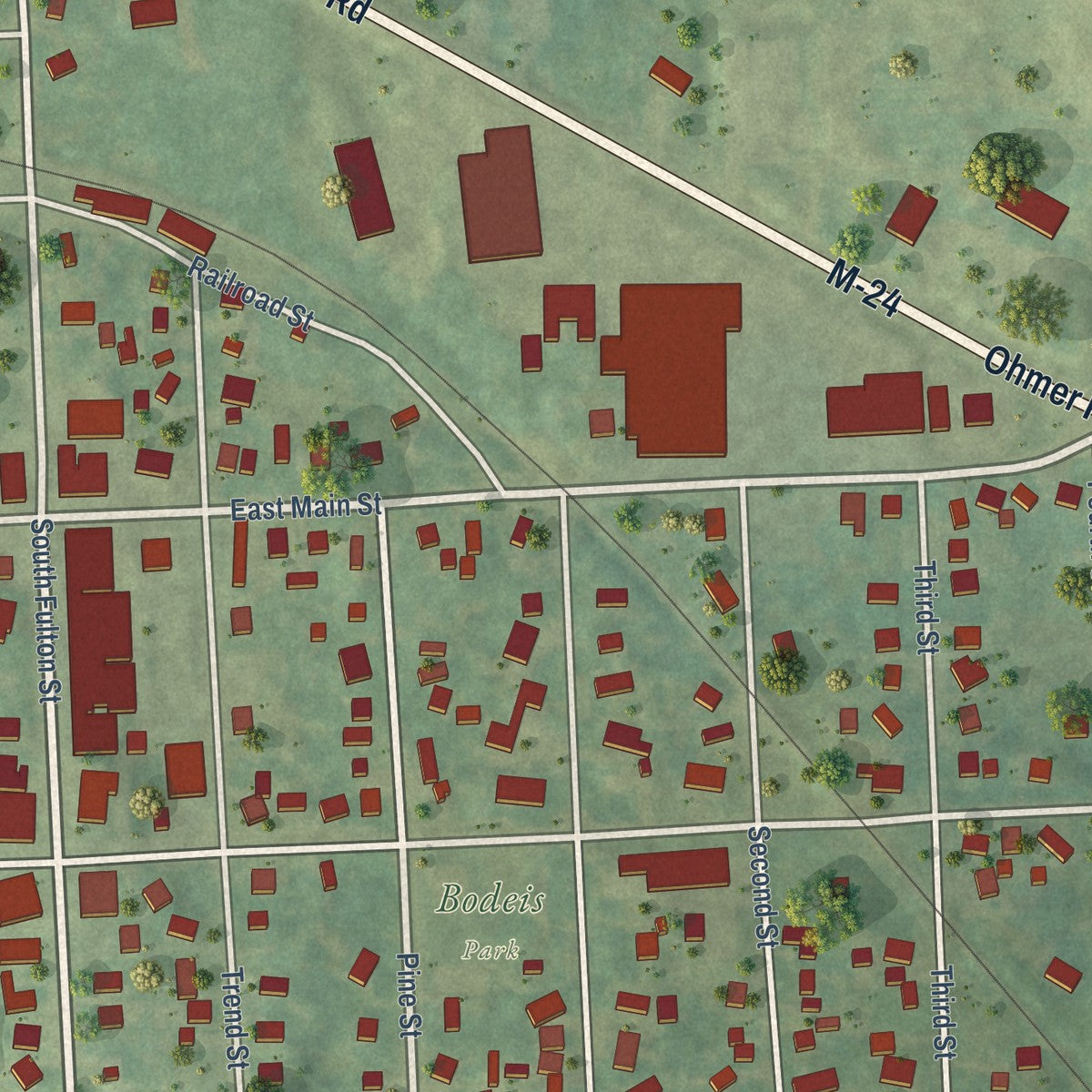 Close-up of the map of Mayville, Michigan print showing street and building detail