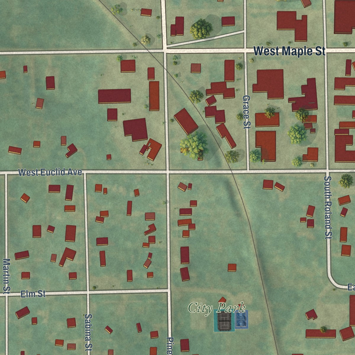 Close-up of the map of McBain, Michigan print showing street and building detail