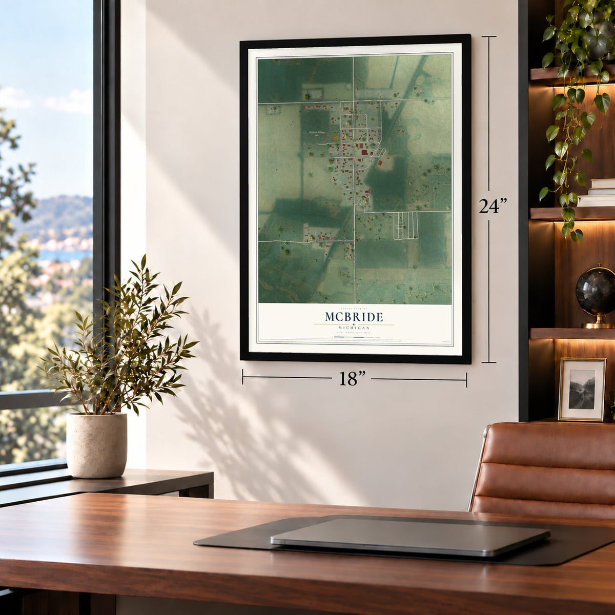 McBride, Michigan map, 18 x 24 inch print in a black frame in a home office