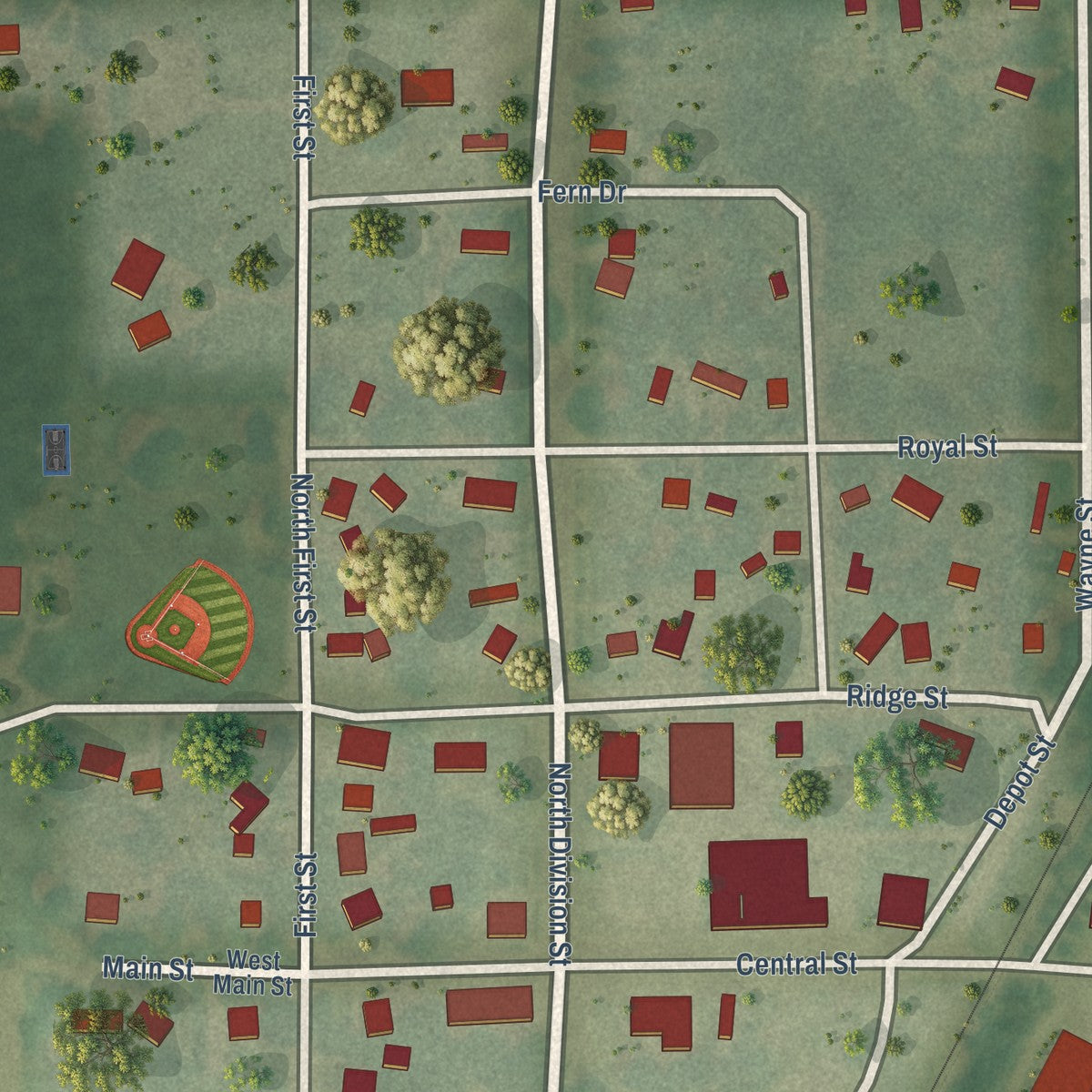Close-up of the map of McBride, Michigan print showing street and building detail
