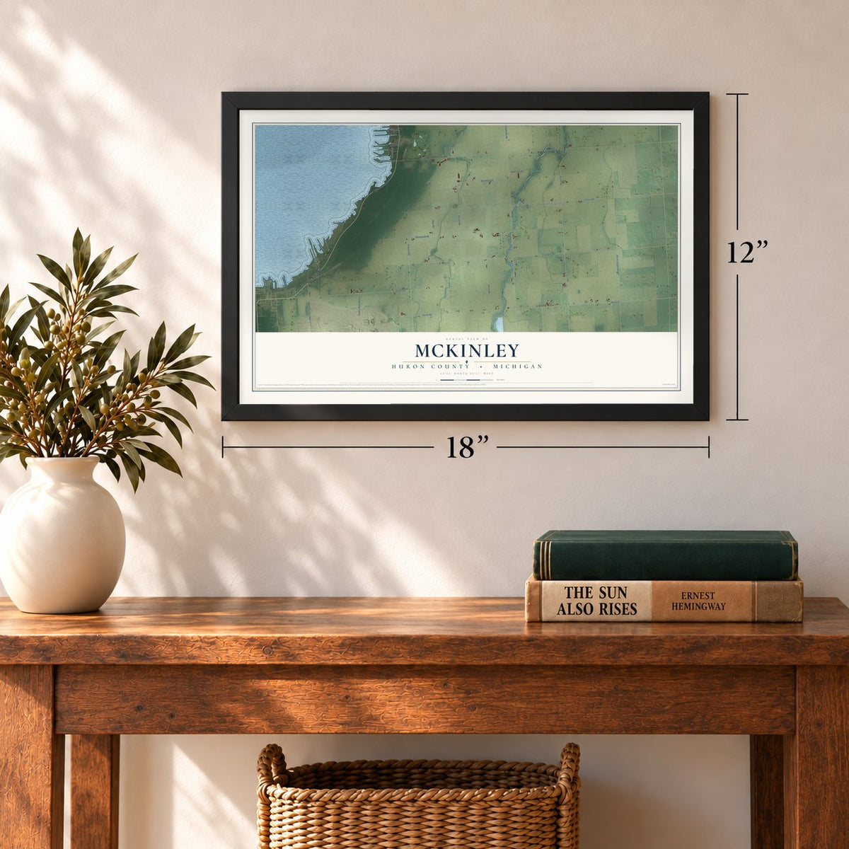 McKinley, Huron County, Michigan map, 12 x 18 inch print in a black frame in an entryway