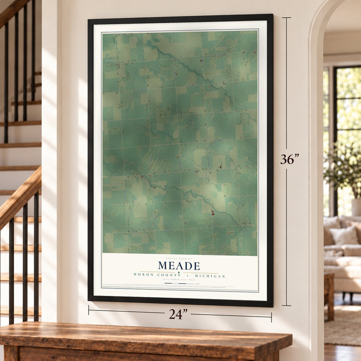 Meade, Huron County, Michigan map, 24 x 36 inch print in a black frame by a staircase
