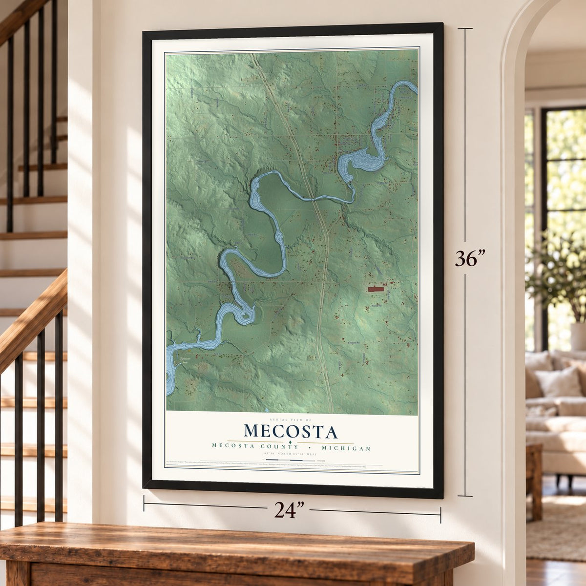 Mecosta, Mecosta County, Michigan map, 24 x 36 inch print in a black frame by a staircase