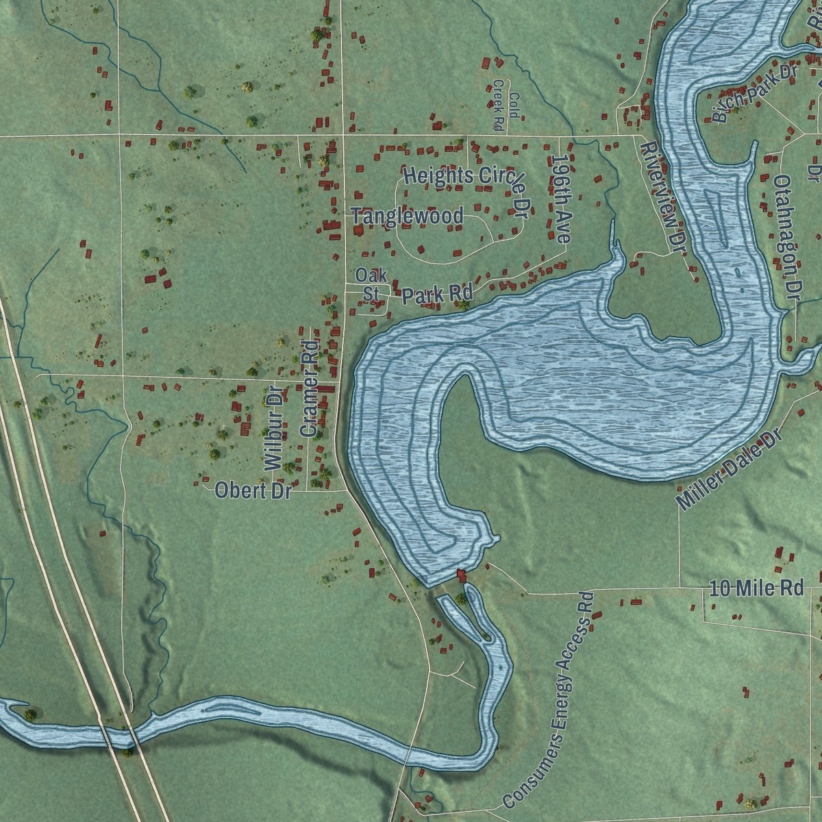 Close-up of the map of Mecosta, Mecosta County, Michigan print showing street and building detail