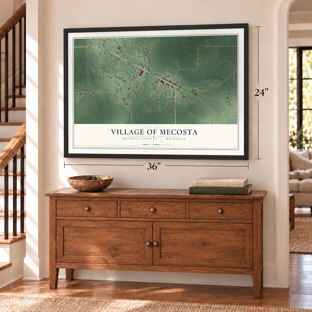 Mecosta, Michigan map, 24 x 36 inch print in a black frame above a dresser by a staircase