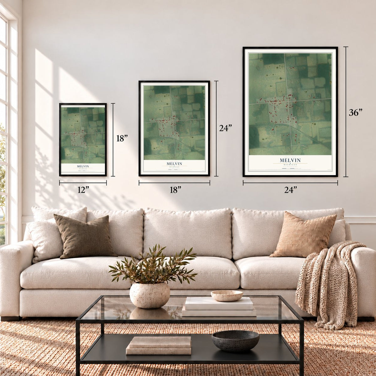 Melvin, Michigan map in 12 x 18, 18 x 24 and 24 x 36 inch sizes above a sofa