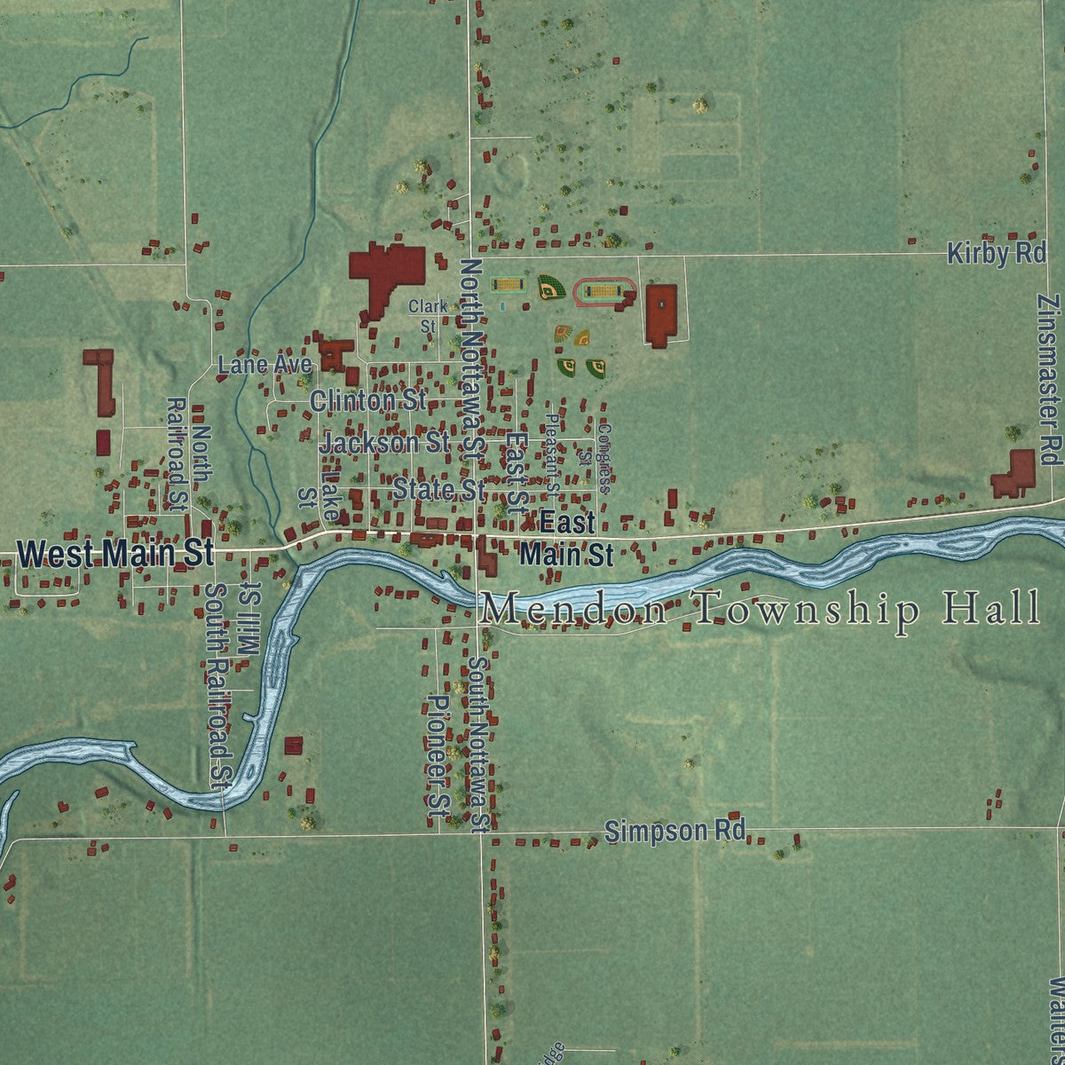 Close-up of the map of Mendon, St. Joseph County, Michigan print showing street and building detail
