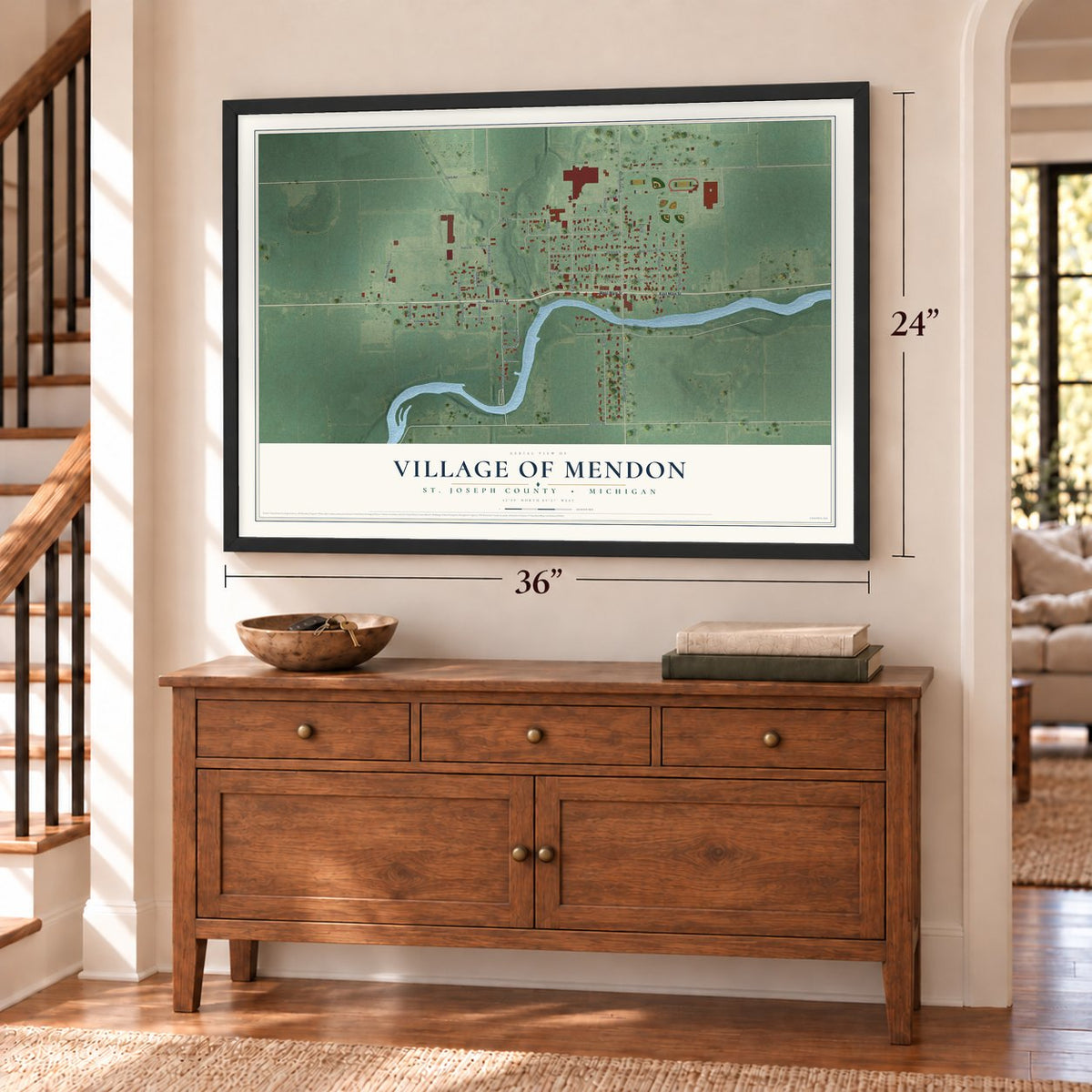 Mendon, Michigan map, 24 x 36 inch print in a black frame above a dresser by a staircase