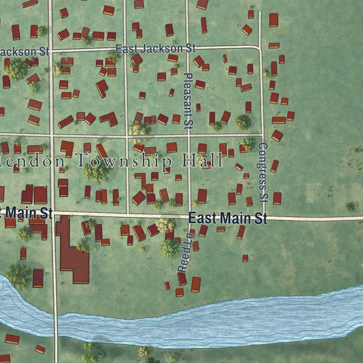 Close-up of the map of Mendon, Michigan print showing street and building detail