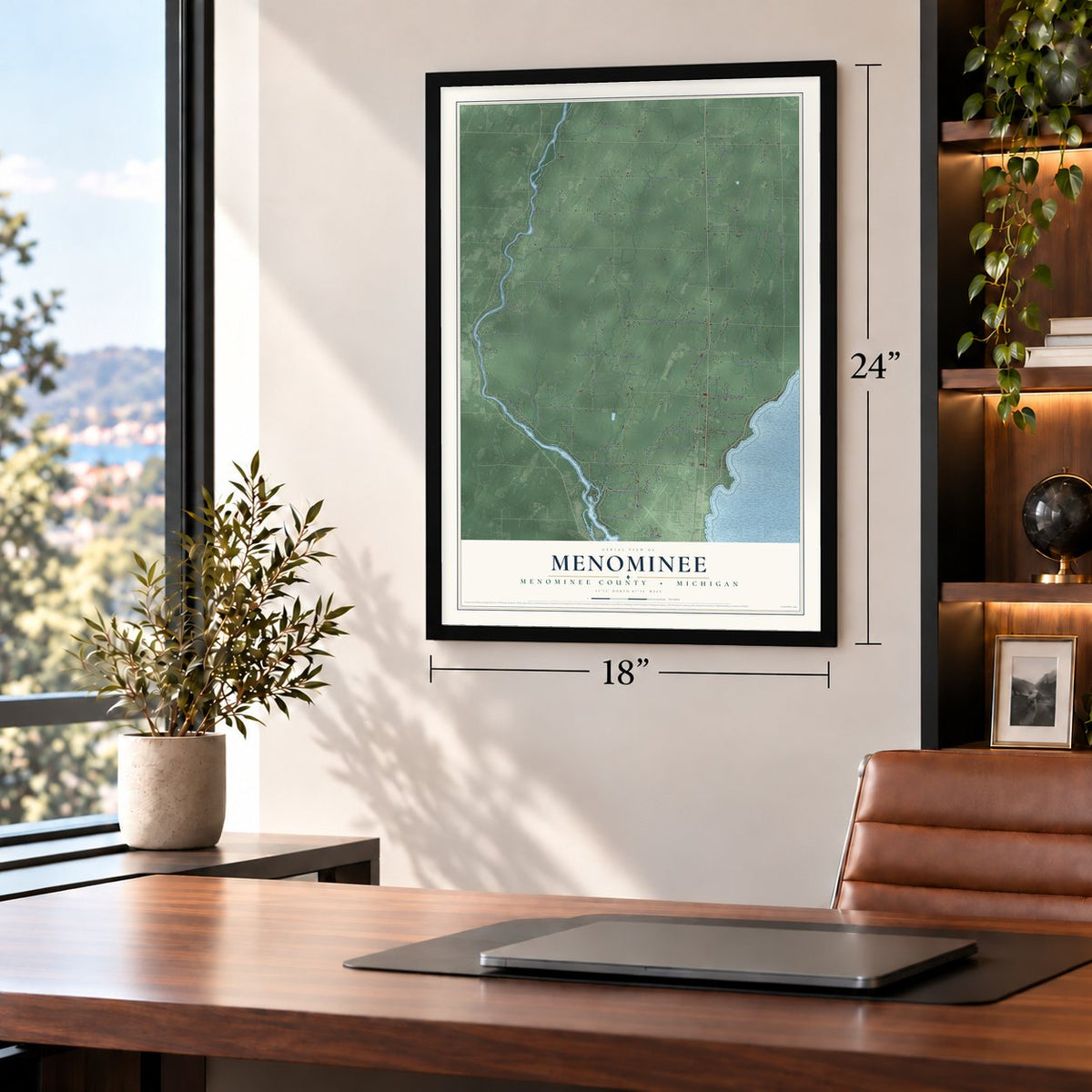 Menominee, Menominee County, Michigan map, 18 x 24 inch print in a black frame in a home office