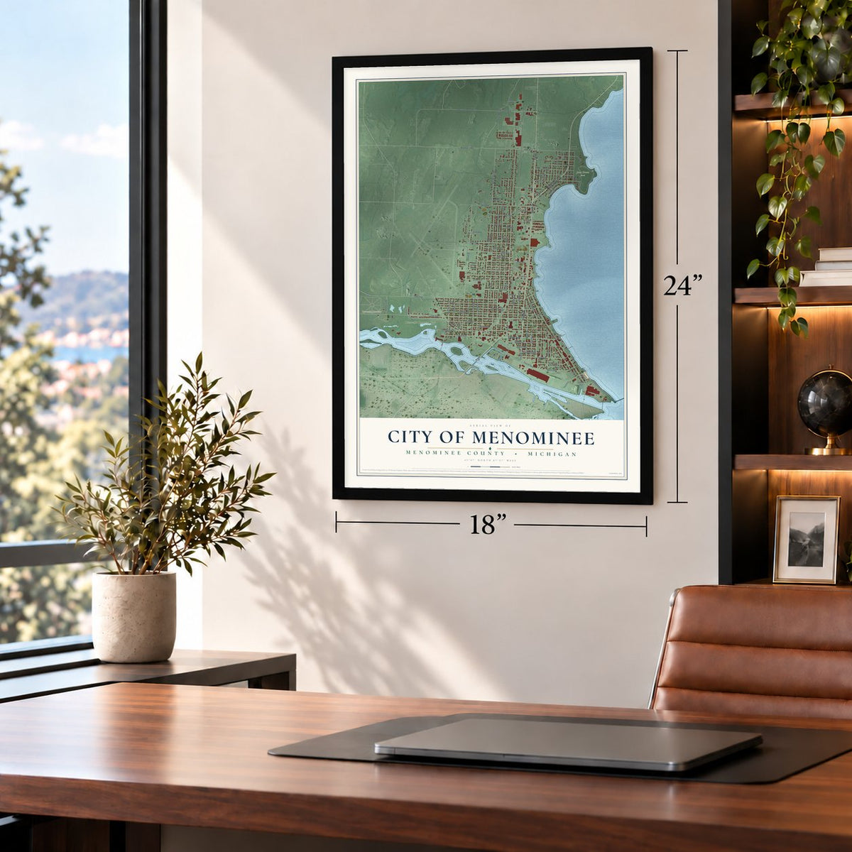 Menominee, Michigan map, 18 x 24 inch print in a black frame in a home office
