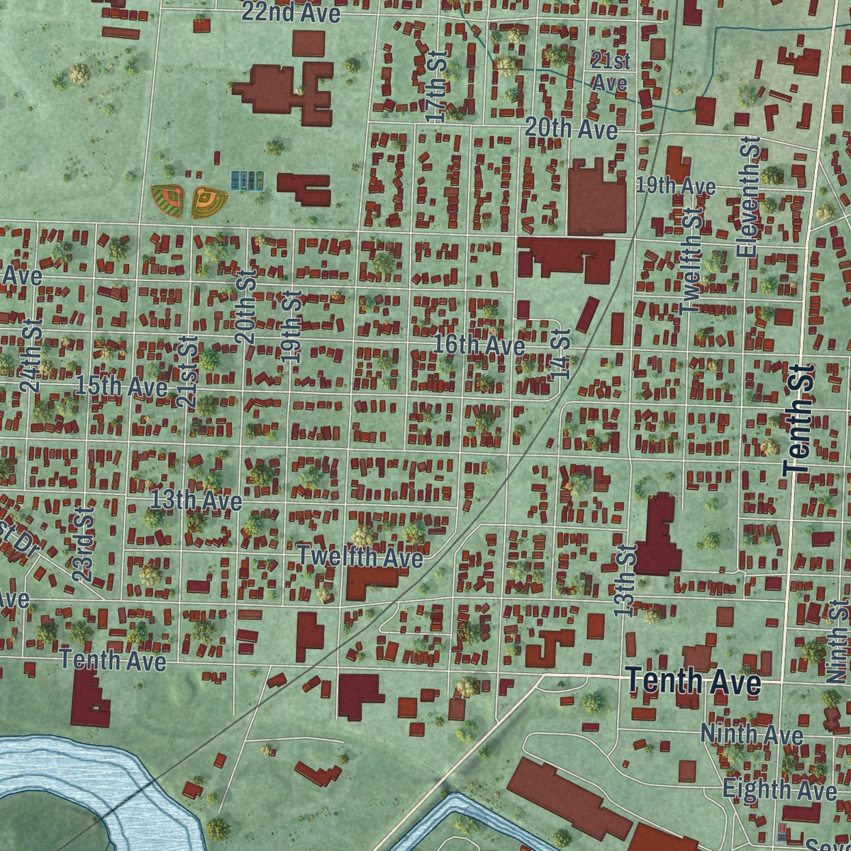 Close-up of the map of Menominee, Michigan print showing street and building detail