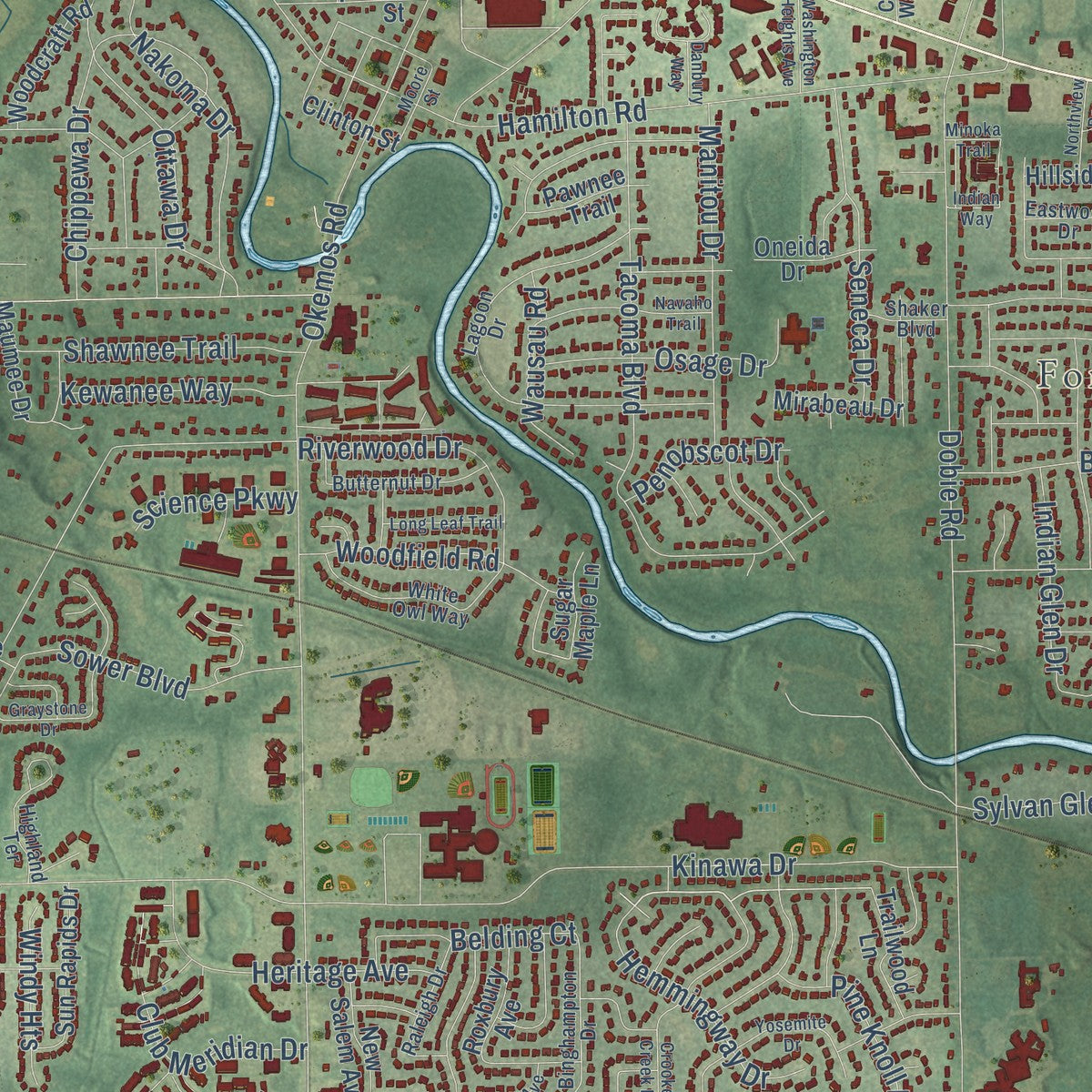Close-up of the map of Meridian, Michigan print showing street and building detail