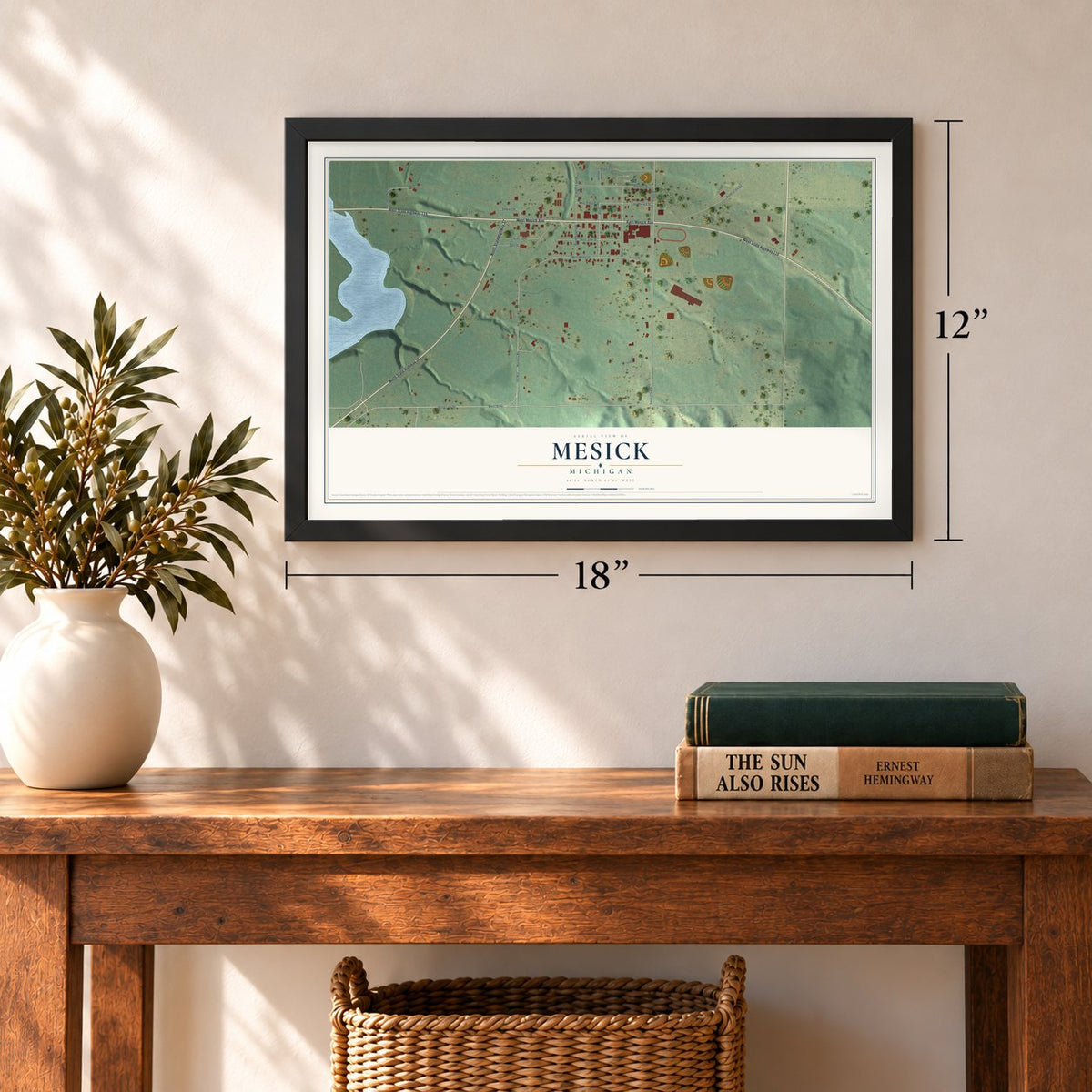 Mesick, Michigan map, 12 x 18 inch print in a black frame in an entryway