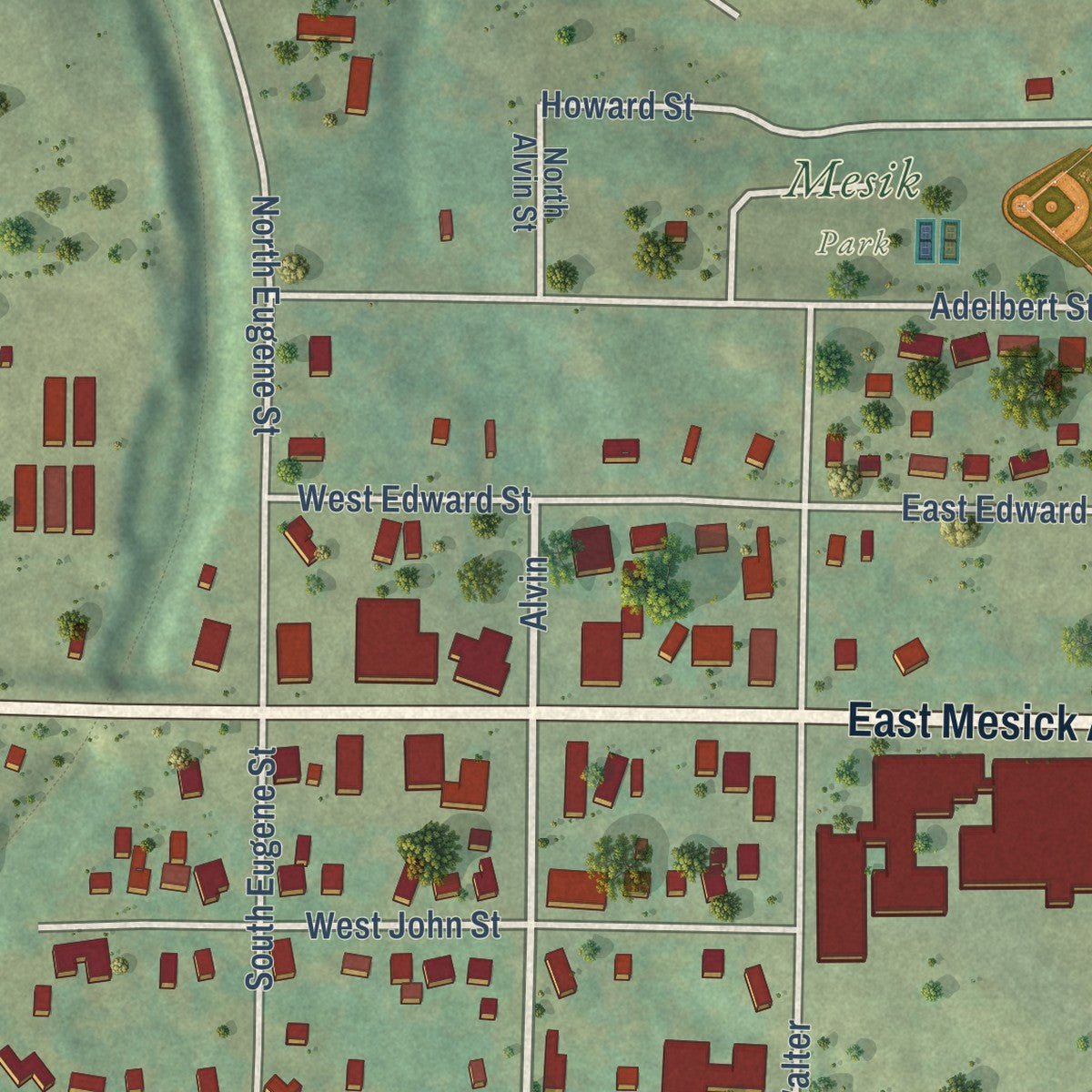 Close-up of the map of Mesick, Michigan print showing street and building detail