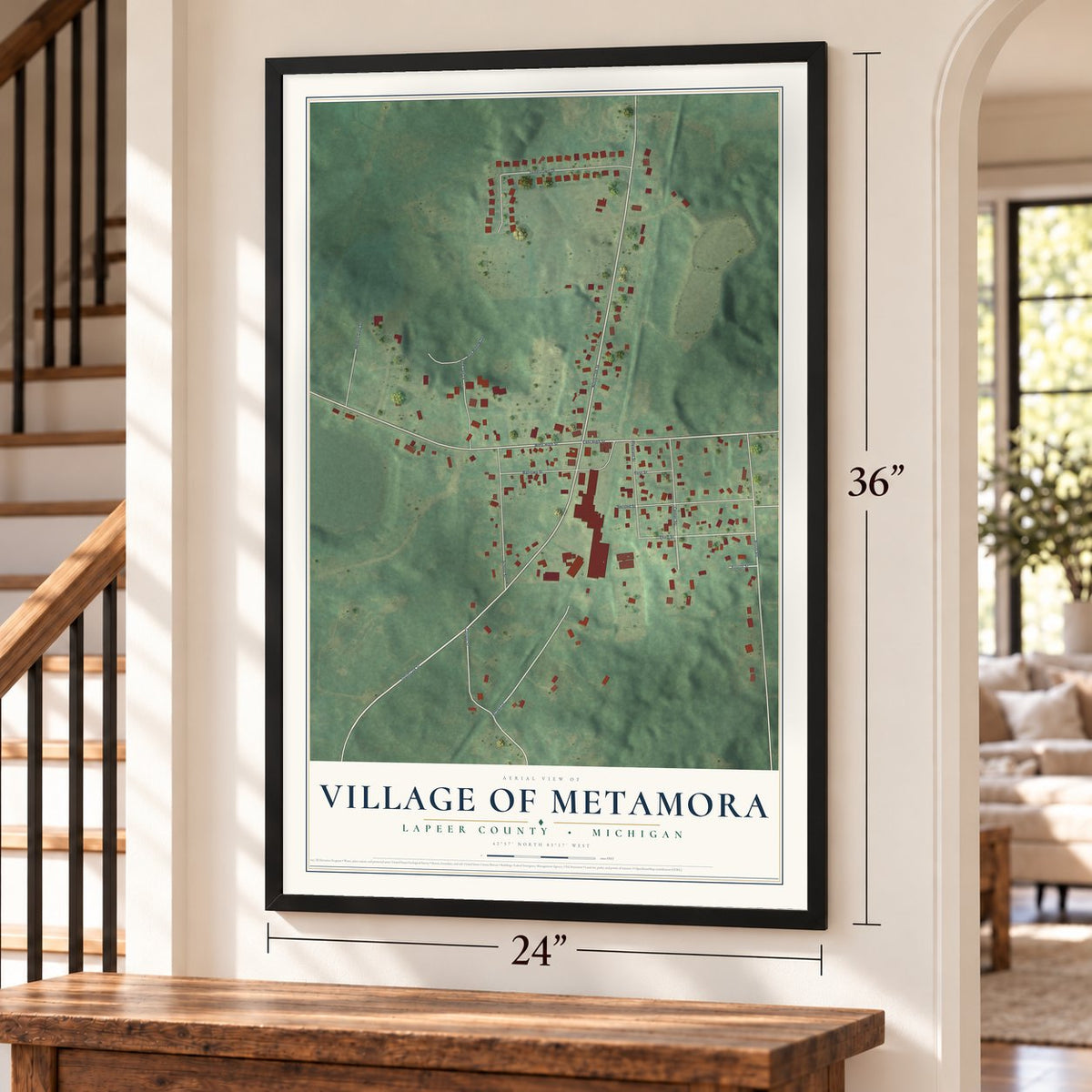 Metamora, Michigan map, 24 x 36 inch print in a black frame by a staircase