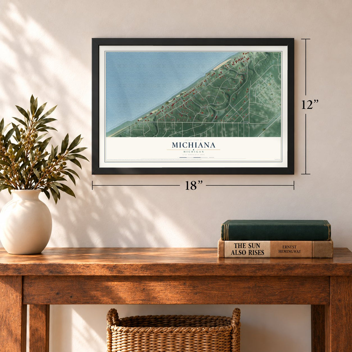 Michiana, Michigan map, 12 x 18 inch print in a black frame in an entryway