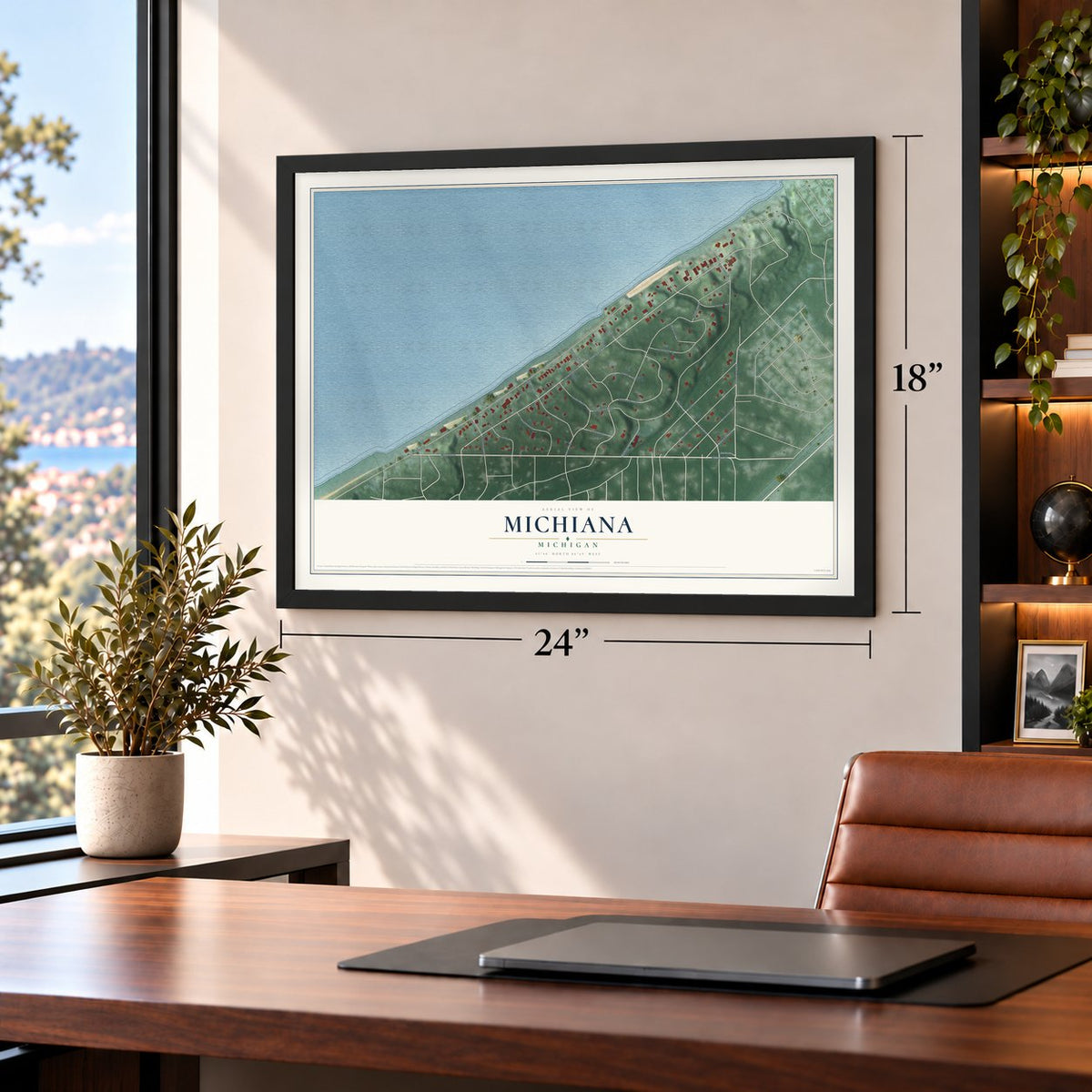 Michiana, Michigan map, 18 x 24 inch print in a black frame in a home office