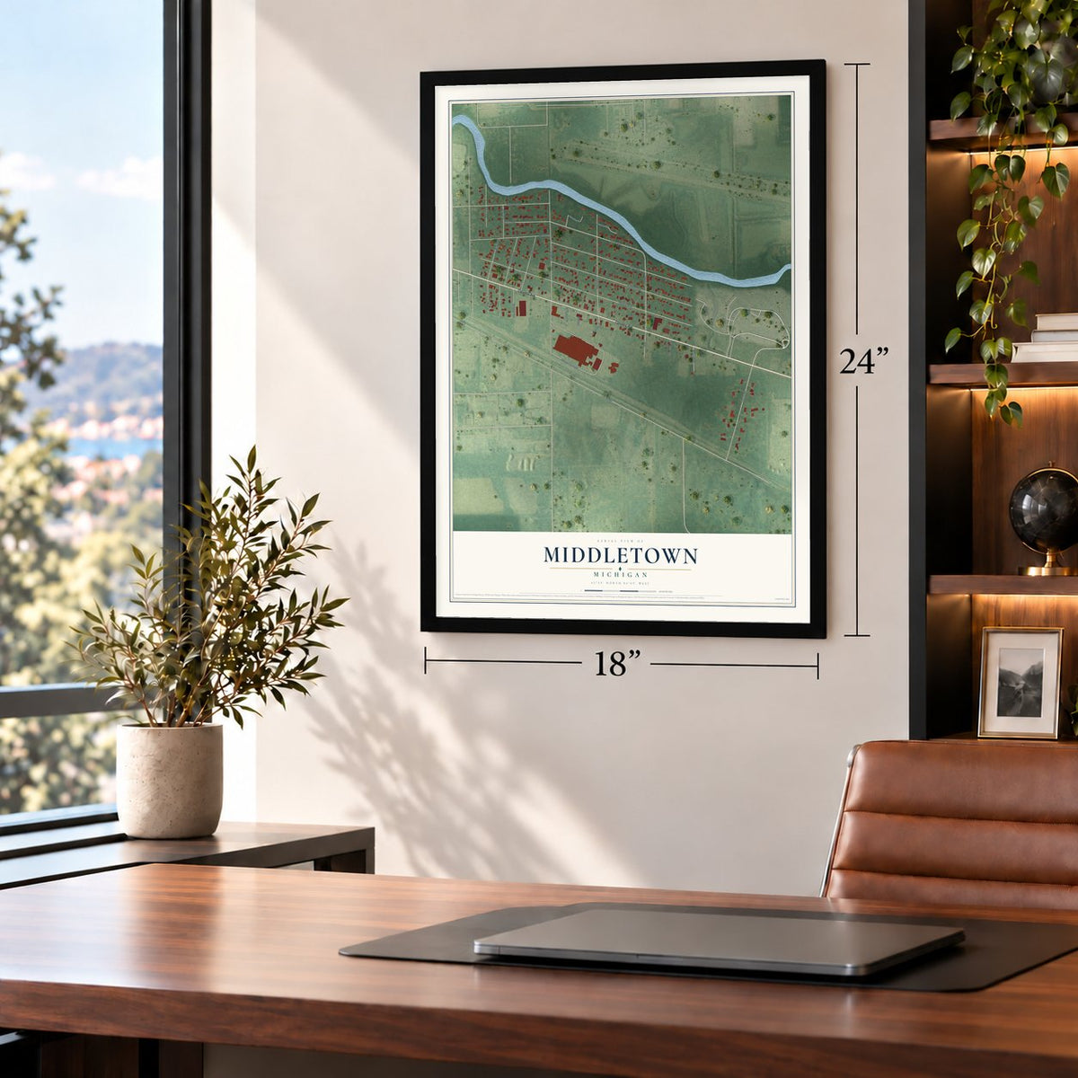 Middletown, Michigan map, 18 x 24 inch print in a black frame in a home office
