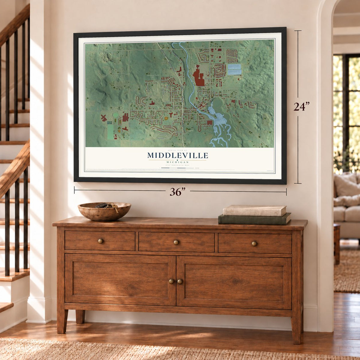 Middleville, Michigan map, 24 x 36 inch print in a black frame above a dresser by a staircase