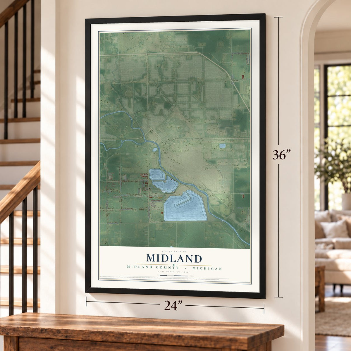 Midland, Midland County, Michigan map, 24 x 36 inch print in a black frame by a staircase
