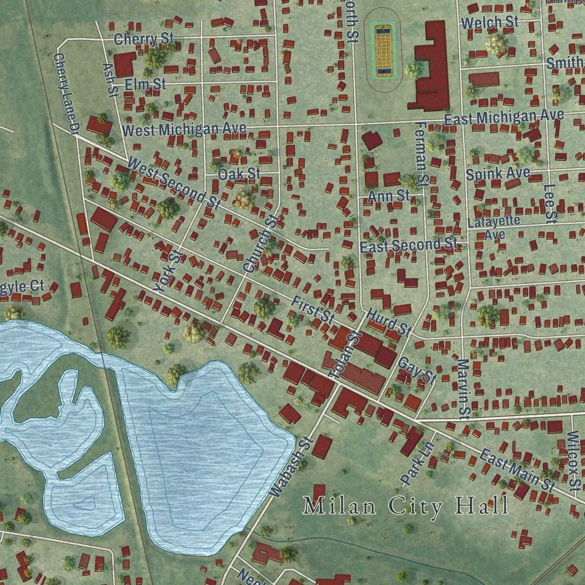 Close-up of the map of Milan, Washtenaw County, Michigan print showing street and building detail